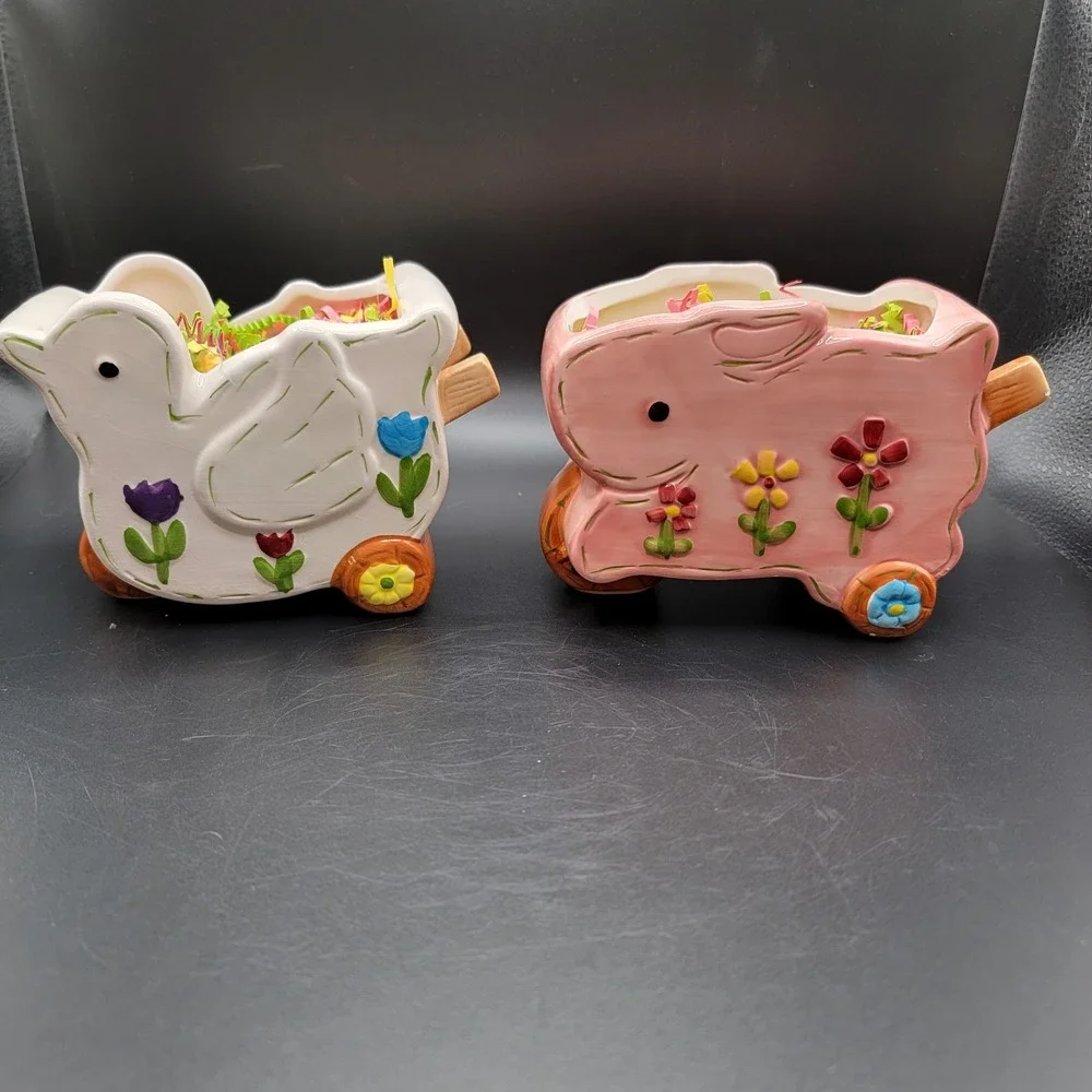 Vintage Ceramic Bunny Rabbit Wheelbarrow Planter Pink & White Duck Planter...